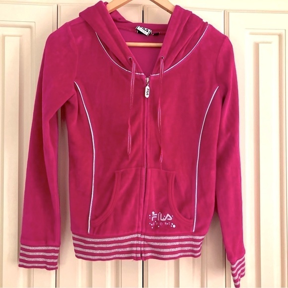 Fila Sport Pink Velour Zip Up Hooded Sweatshirt Jacket With Embellishments S - Picture 1 of 6